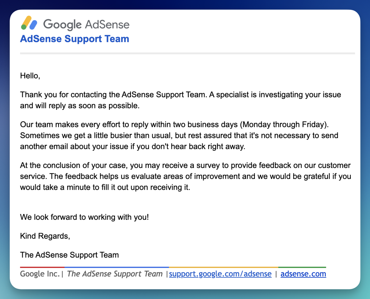 AdSense Support Team 邮件自动回复